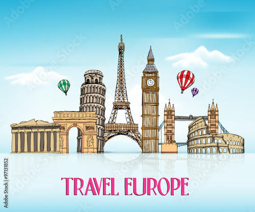 Travel Europe Hand Drawing with Famous Landmarks and Places in Blue Background with Reflection. Vector Illustration
