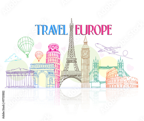 Colorful Travel Europe Hand Drawing with Famous Landmarks and Places in White Background with Reflection. Vector Illustration

