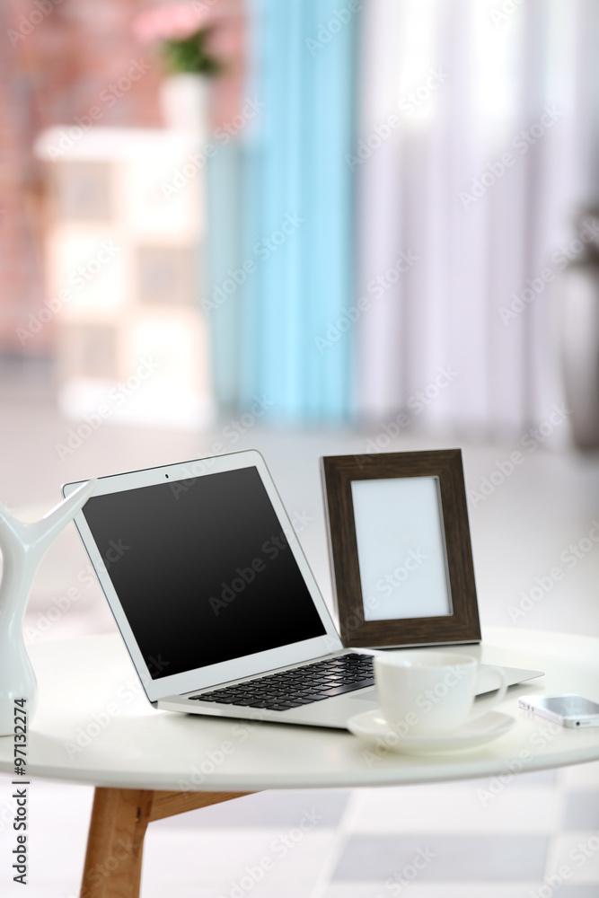 Comfortable workplace at home with laptop Comfortable workplace at home with laptop