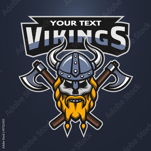 Viking warrior skull and axes emblem.
