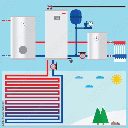 Air source heat pump in the cottage. Vector.