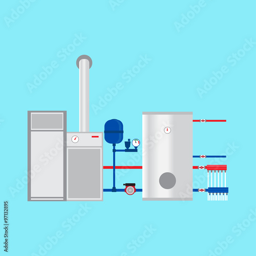 Pyrolysis boiler in the cottage. Vector.