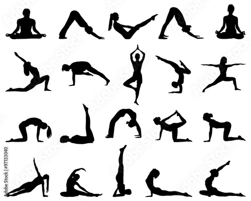 Black silhouettes of girls who practice yoga, vector