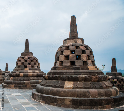 Stone stupa Borobudur temple. Indonesia. The island of Java. An excellent illustration.