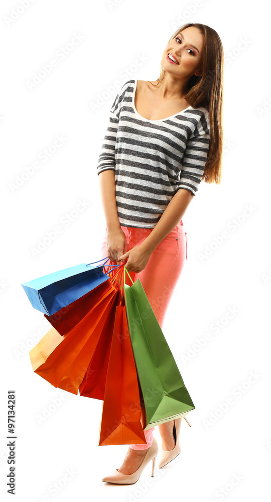 Young pretty woman with shopping packages isolated on white Young pretty woman with shopping packages isolated on white