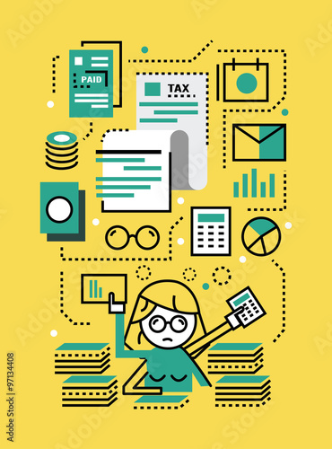 Busy Business woman with Tax documents. 
 flat line vector