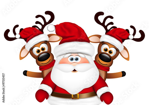 Christmas card Santa Claus and two reindeer.