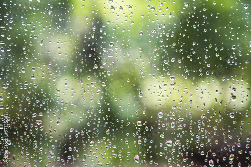 rain drop on window glass with blur tree background