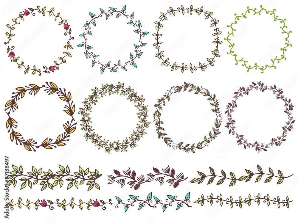 Obraz premium Set of hand drawn floral of wreaths the rustic style. Vector illustration