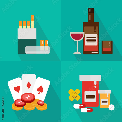 Addiction icon flat set, drinks, drugs, pills, cigarette, hazard, pocker, abuse, alcohol, cards, vector flat icon.