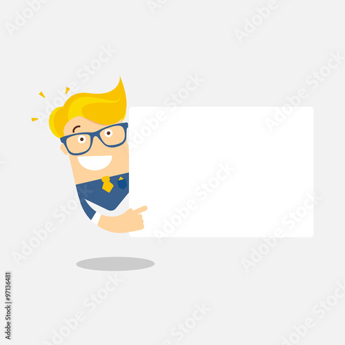 Man character with glasses show on blank paper, board presentation
