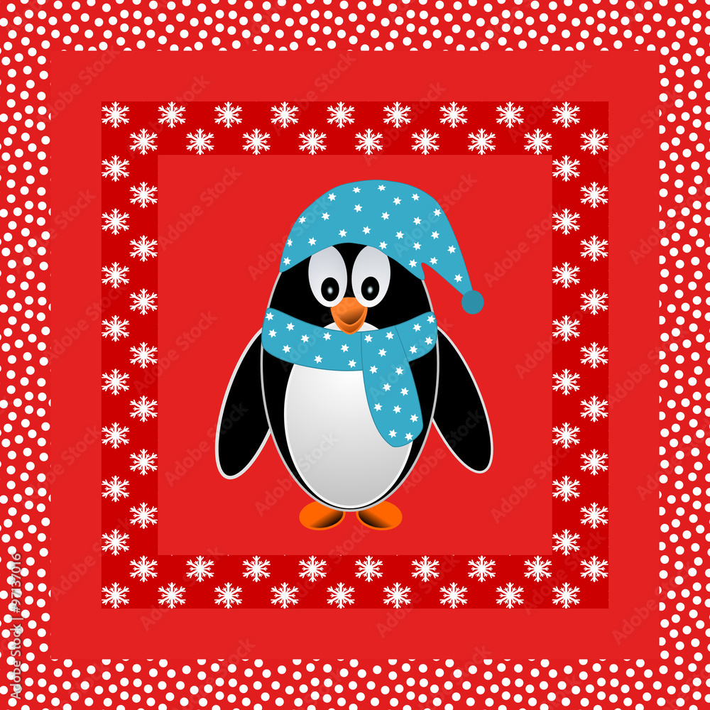 Lachender Pinguin mit blauem Schal und Mütze auf rotem Hintergrund umrandet  mit verschiedenen Schneeflocken Stock Illustration | Adobe Stock