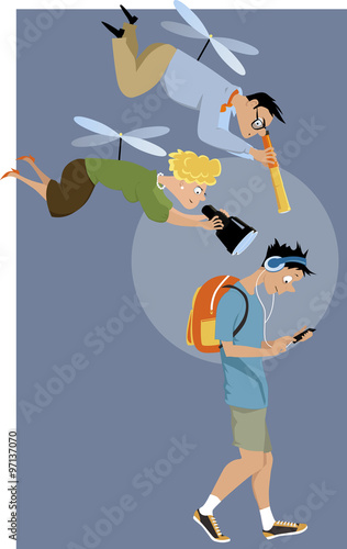 Helicopter parents hovering over their teenage son with a telescope and a binoculars, EPS 8 vector illustration