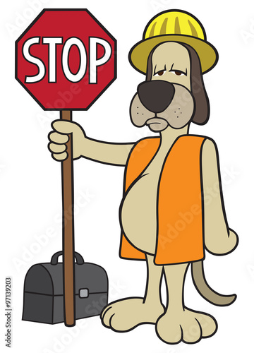 Bored dog flagger holding a stop sign at a construction site