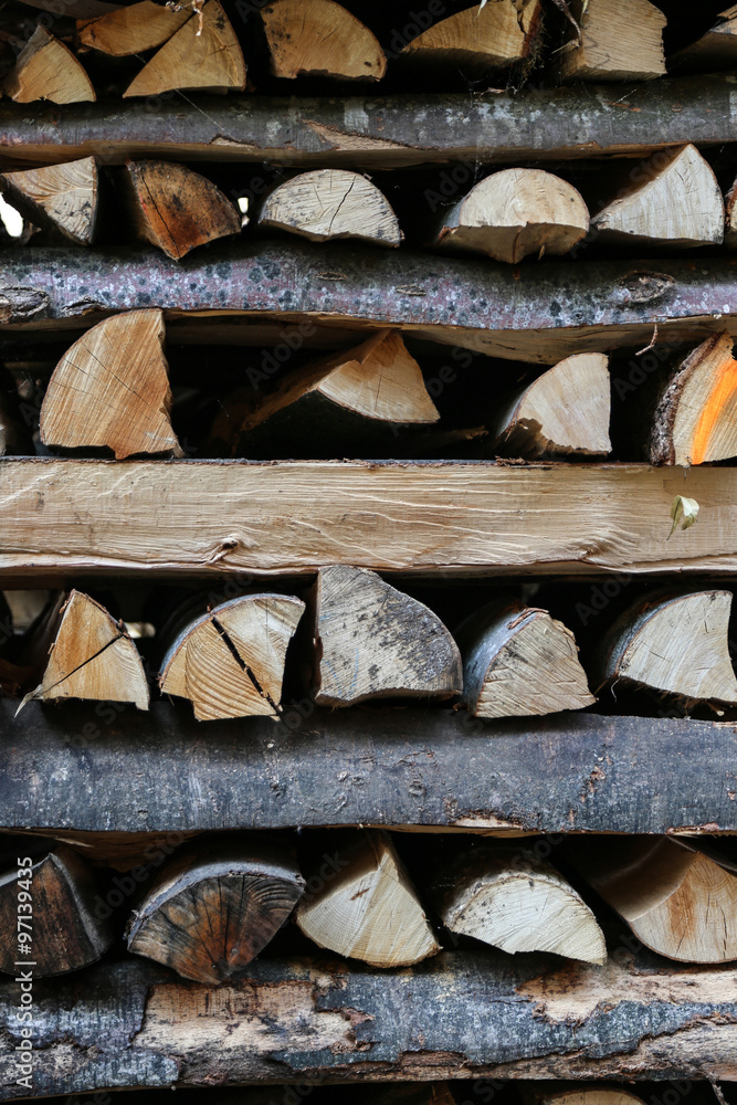 Pile of firewood criss crossed horizontally.