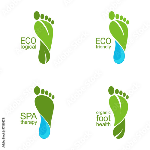 Set of footprints of green leaves and water drops for ecology, organic health and beauty care design