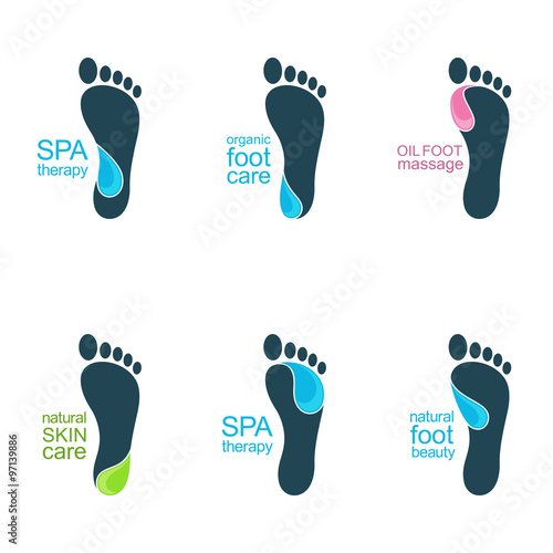 Set of foot icons with water drops for SPA, organic beauty and health care or ecology design