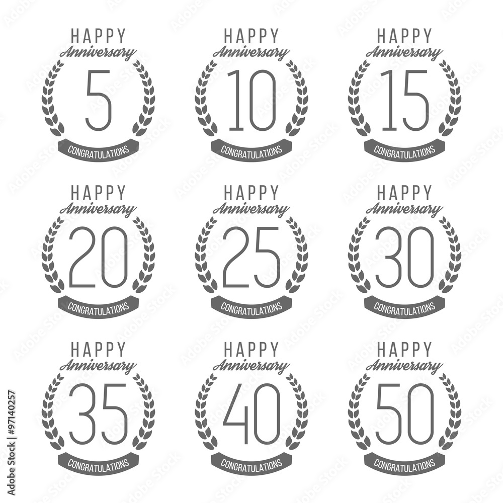 Vector set of anniversary signs, symbols. 5,10, 15, 20, 25, 30, 35, 40, 50 years jubilee design elements collection. 5th, 10th, 15th, 20th, 25th, 30th, 35th, 40th, 50th anniversary logos template.