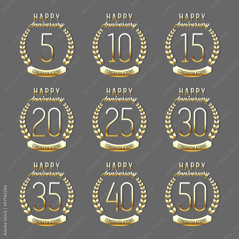 Vector set of anniversary gold signs. 5,10, 15, 20, 25, 30, 35, 40, 50 years jubilee design elements. 5th, 10th, 15th, 20th, 25th, 30th, 35th, 40th anniversary golden logos template.