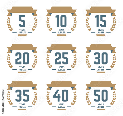 Vector set of anniversary signs, symbols. 5,10, 15, 20, 25, 30, 35, 40, 50 years jubilee design elements collection. 5th, 10th, 15th, 20th, 25th, 30th, 35th, 40th, 50th anniversary logos template.