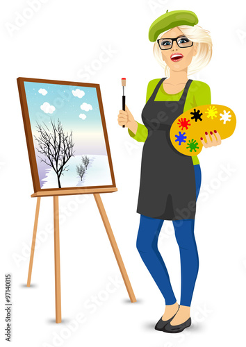 female painter artist holding palette and brush