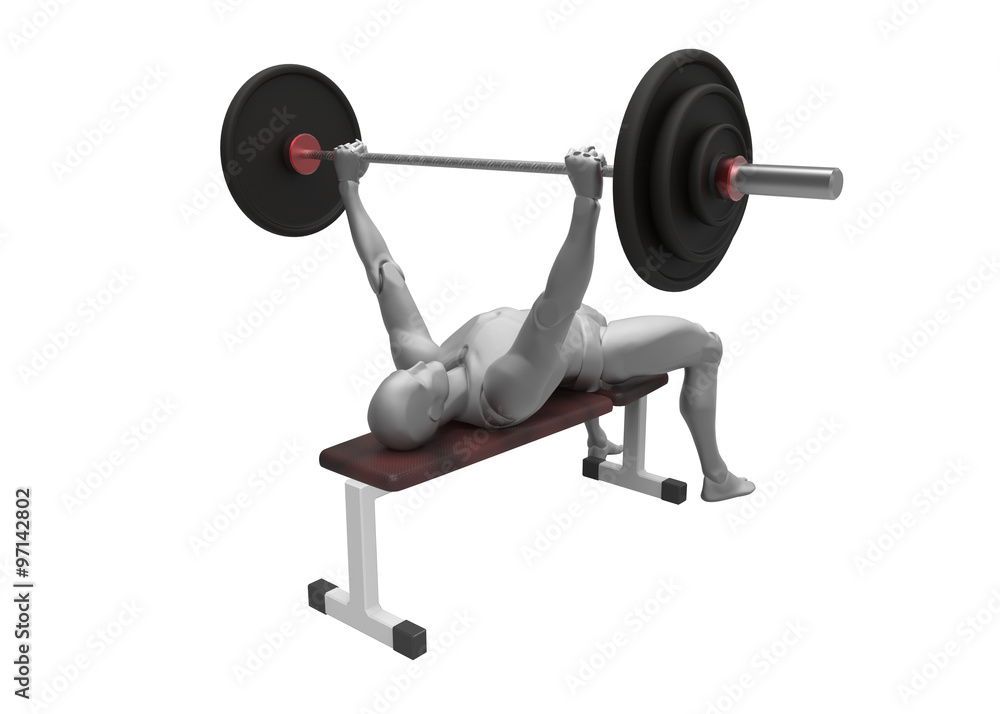 3D fitness man push barbell on horizontal bench in the gym. Healthy bodybuilding hard workout. 3D Render on White Background. 3D fitness man push barbell on horizontal bench in the gym. Healthy bodybuilding hard workout. 3D Render on White Background.