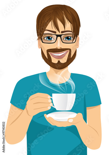 young man drinking hot coffee or tea