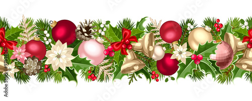 Fototapeta Naklejka Na Ścianę i Meble -  Vector Christmas horizontal seamless garland with green, red, pink and silver fir-tree branches, balls, bells, holly, poinsettia flowers and cones.