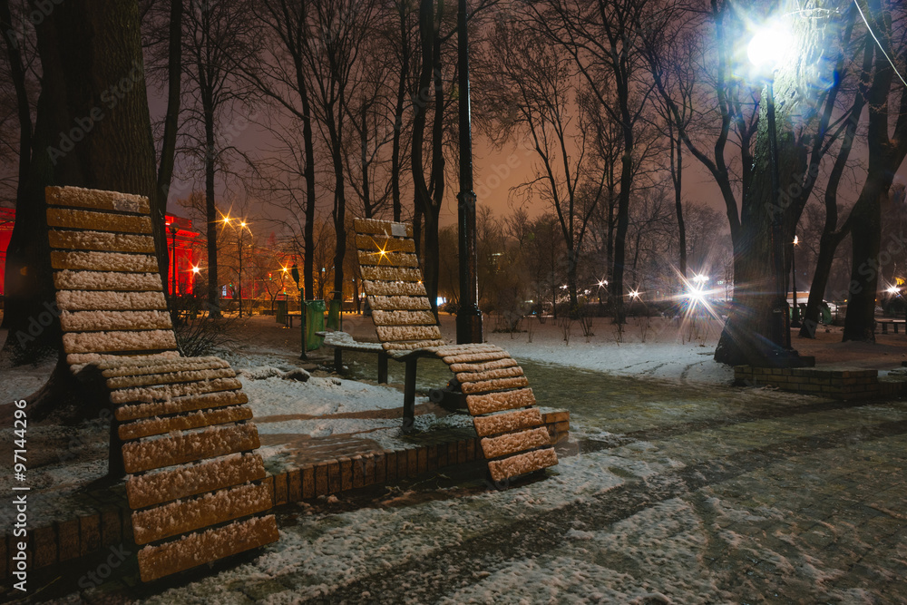 Beautiful silent night in winter city outdoor. Snowy christmas mood