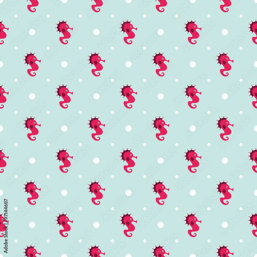 Vector seamless mint pattern with pink cartoon sea horses Vector seamless mint pattern with pink cartoon sea horses