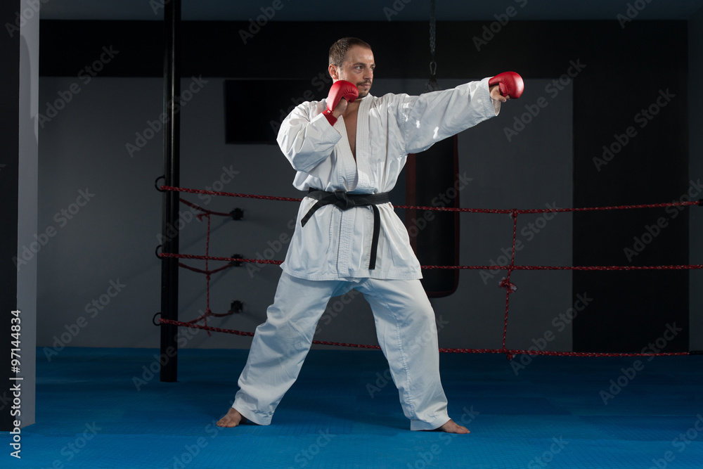 Man In White Kimono And Black Belt Training Karate Man In White Kimono And Black Belt Training Karate