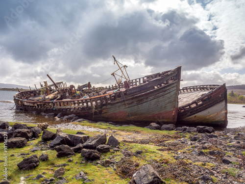 The old wooden boats at Salen Bay  Salen  Mull  Scotland  UK