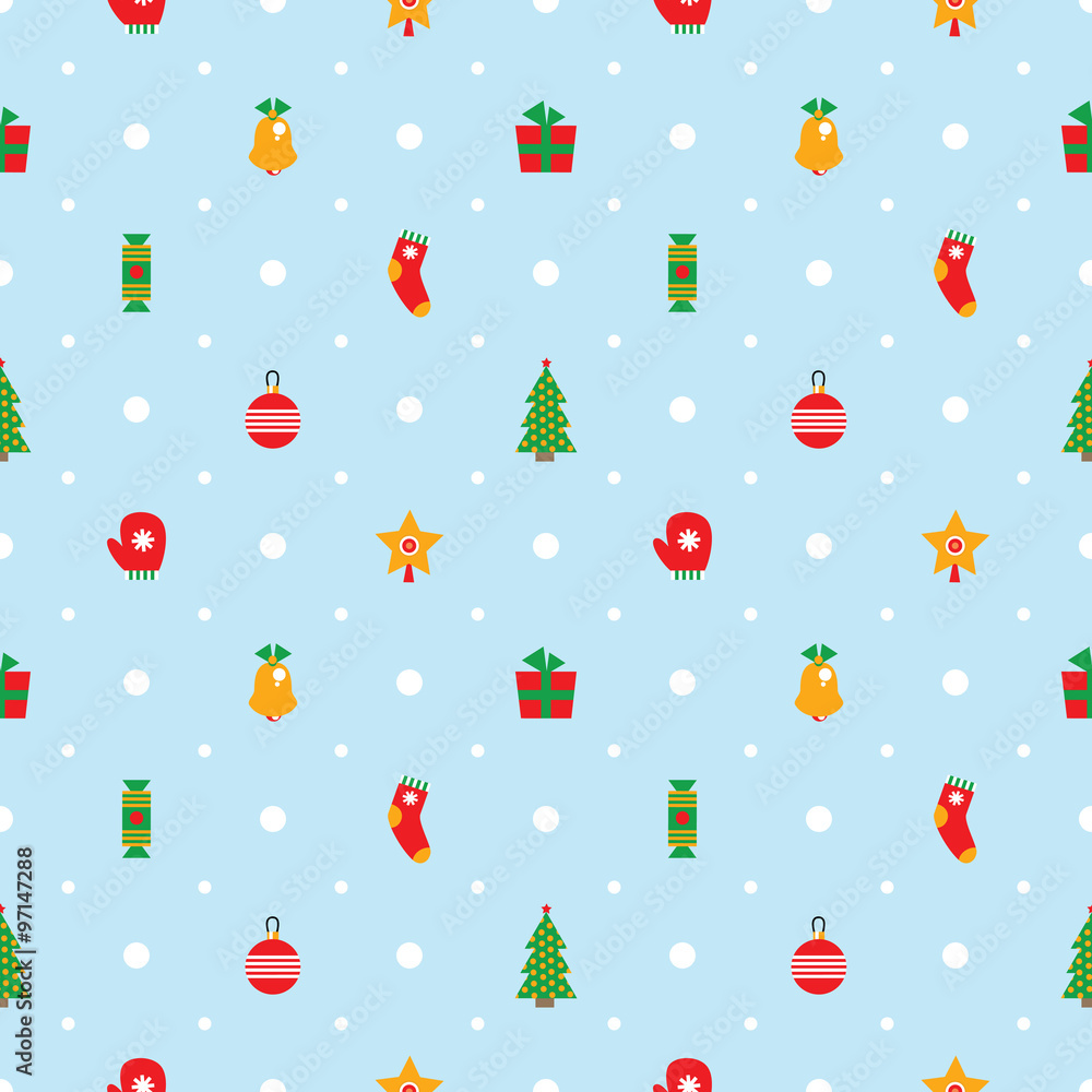 Vector seamless light blue pattern with christmas decorations and dots. Can be used for wrapping paper.