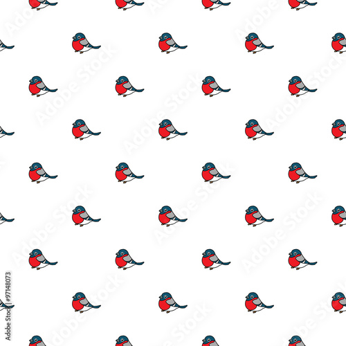Vector seamless pattern with bullfinches on white background
