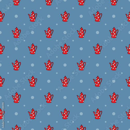 Vector seamless pattern with red coffeepots on dark blue background photo