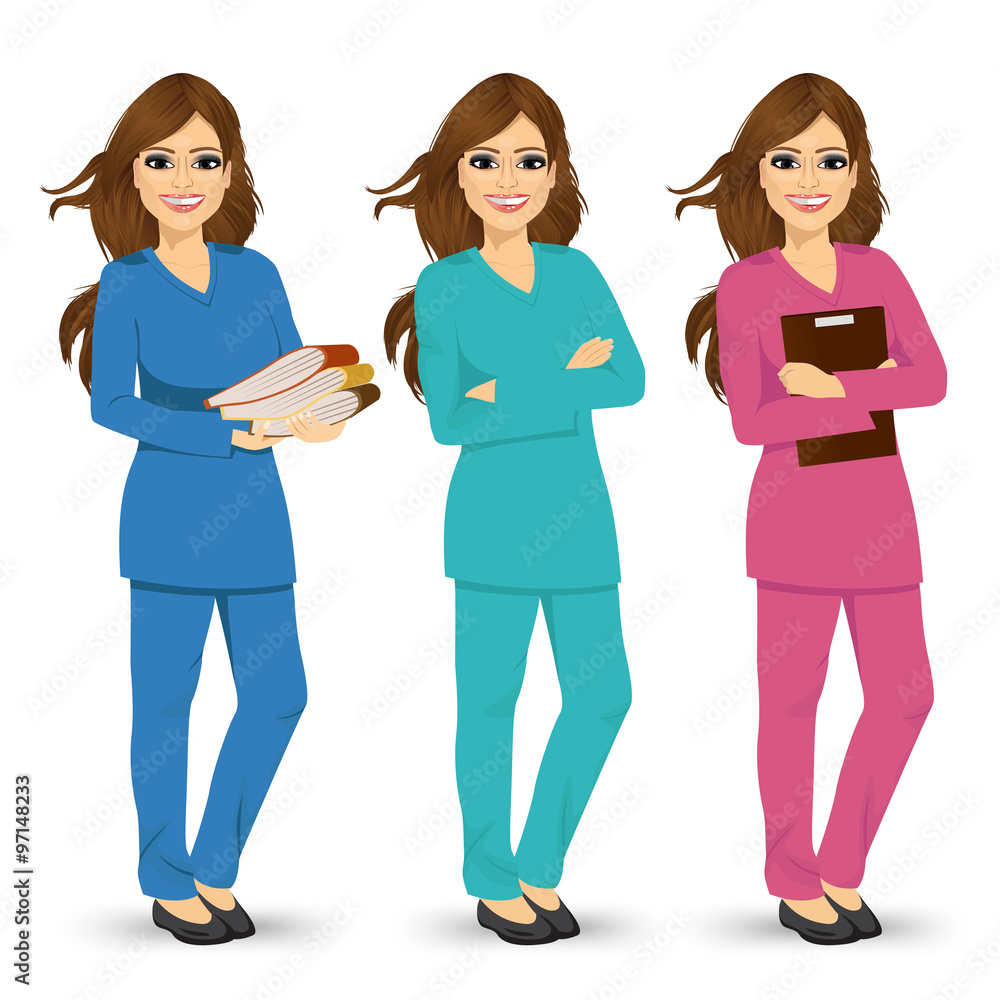 Fototapeta premium nurse posing in three different color scrubs uniform