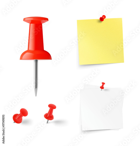Set of push pins and paper stick. Vector illustration