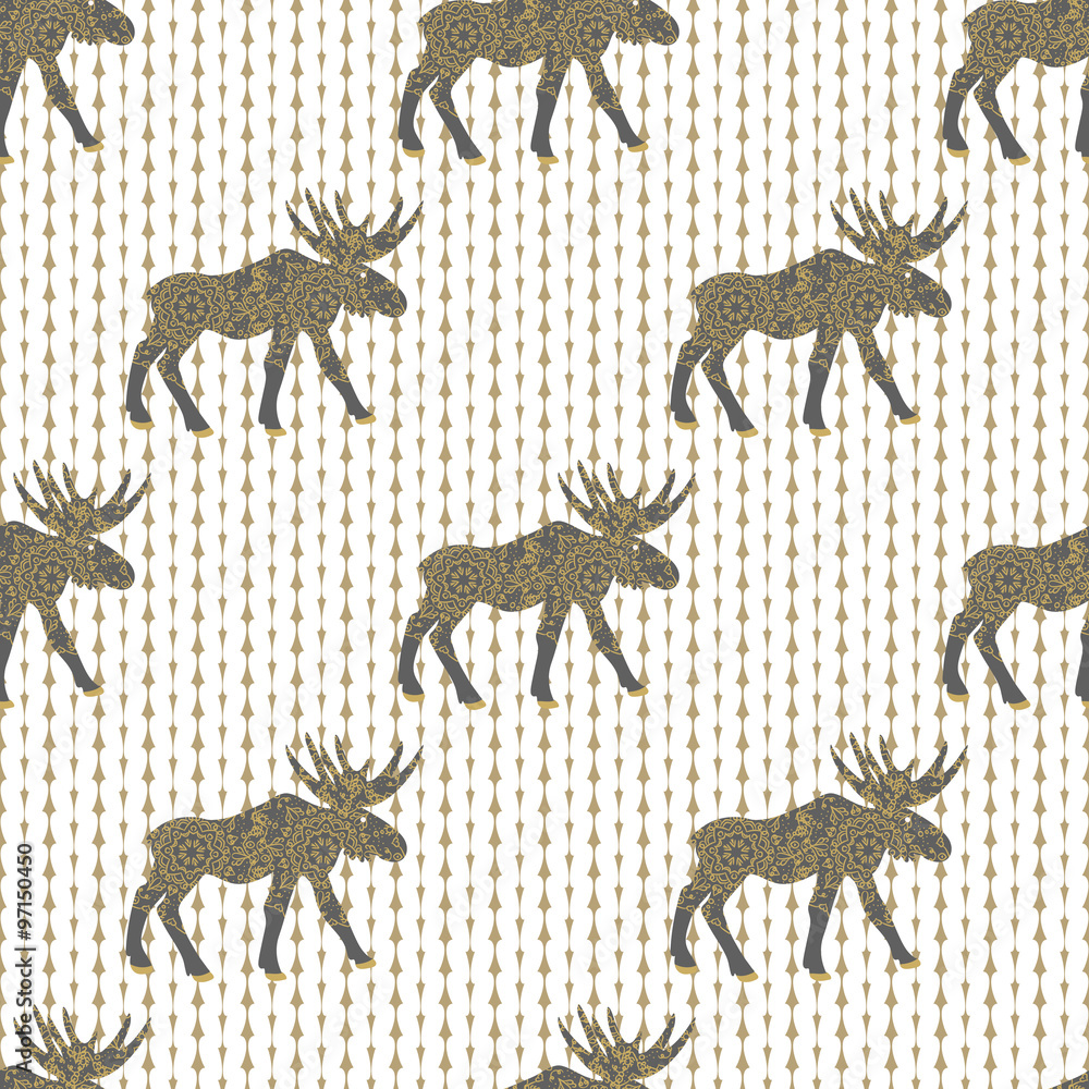 Naklejka premium Deer gold christmas vector seamless pattern with white knitted texture