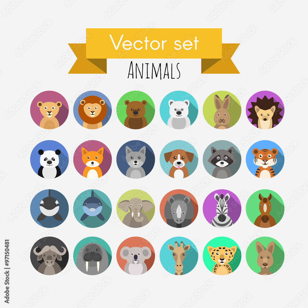 Set of flat style vector avatars of animals Set of flat style vector avatars of animals