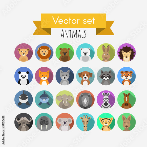 Set of flat style vector avatars of animals