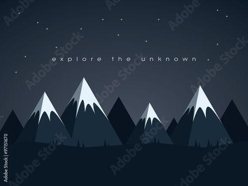 Low poly mountains night landscape vector background with stars in the sky. Symbol of exploration, discovery and outdoor adventures