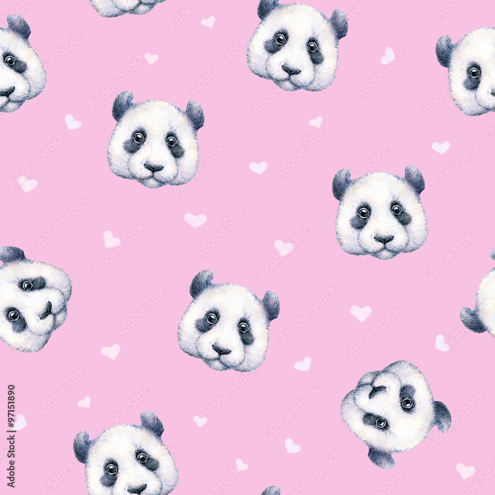 Pandas on light pink background. Seamless pattern. Watercolor drawing. Children's illustration. Handwork