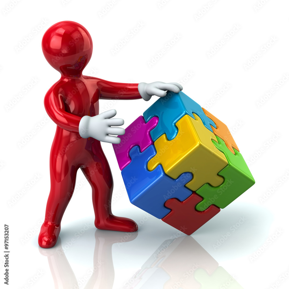 Red man and colorful 3d puzzle cube Red man and colorful 3d puzzle cube