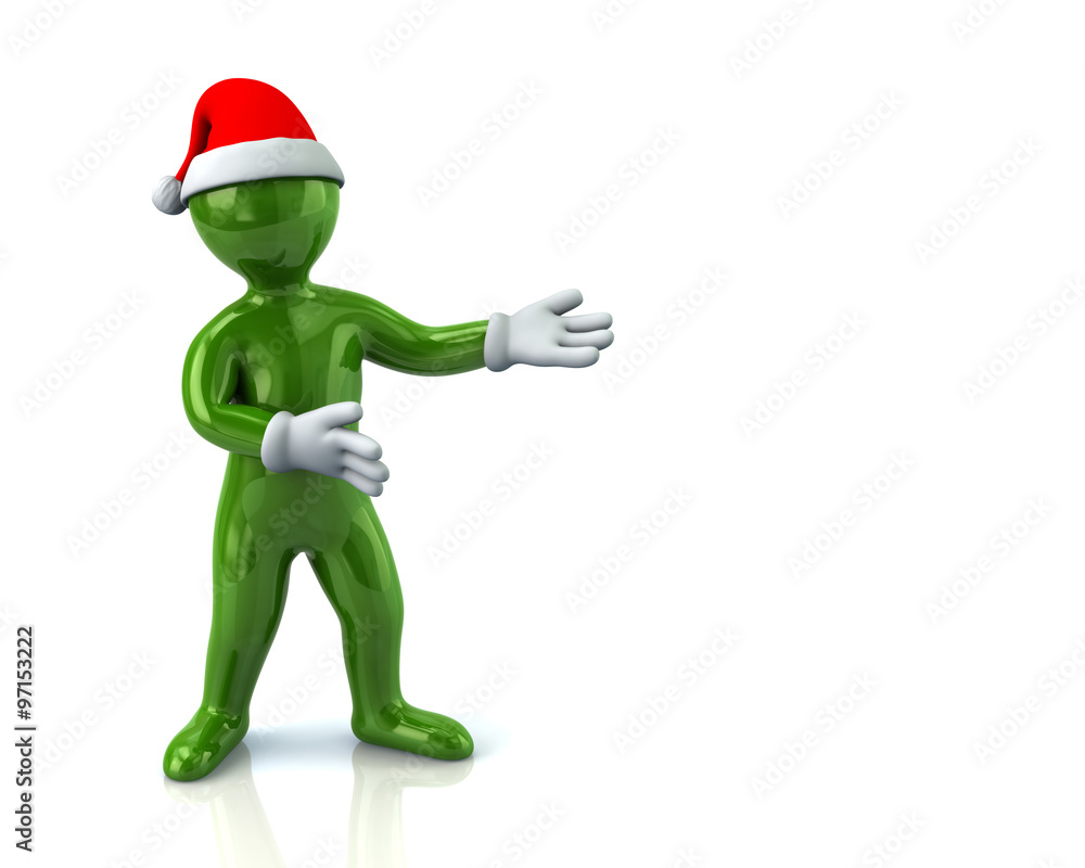 Green cartoon man in Santa hat presenting empty space Green cartoon man in Santa hat presenting empty space