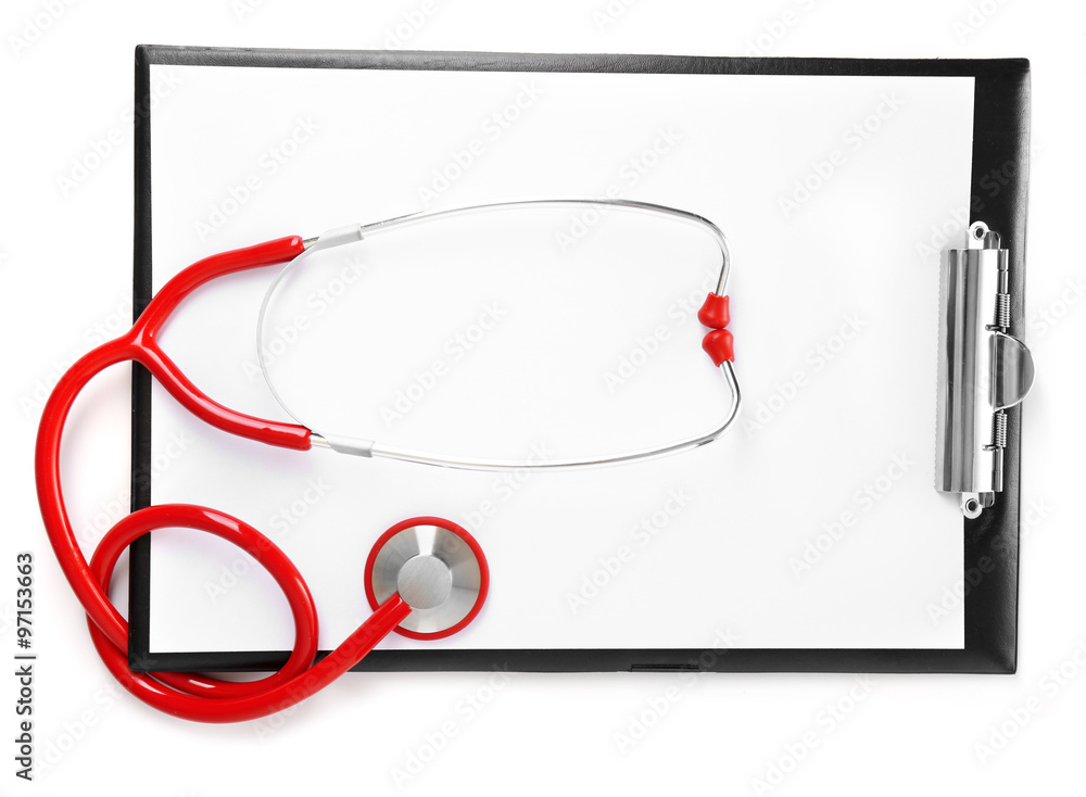Medical stethoscope with clipboard isolated on white Medical stethoscope with clipboard isolated on white