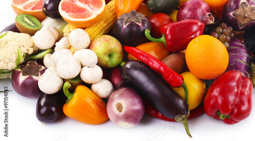 Colourful fruit and vegetable collection on white background