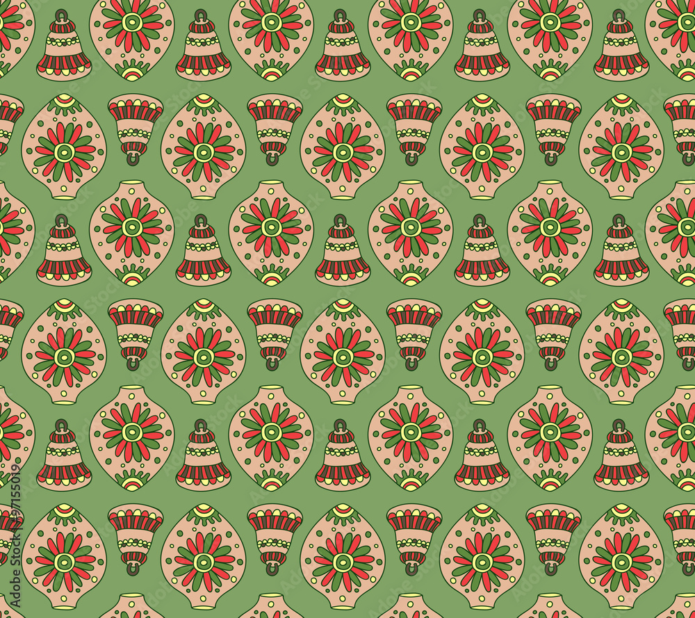 Seamless vector pattern with Christmas toys and bells. Winter background, part of Christmas Toys collection. Can be used for wallpaper, scrapbooking, fabric prints, New Years and Christmas designs. 