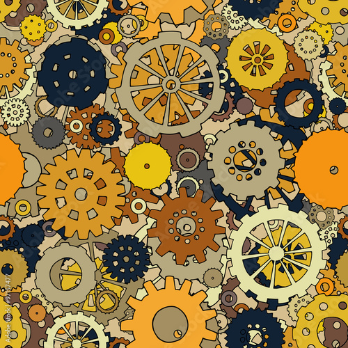 Cartoon bright seamless pattern with doodle gears. Can be used for wallpaper, web page background, surface textures. Hand-drawn mechanical vector with collection of cogs.