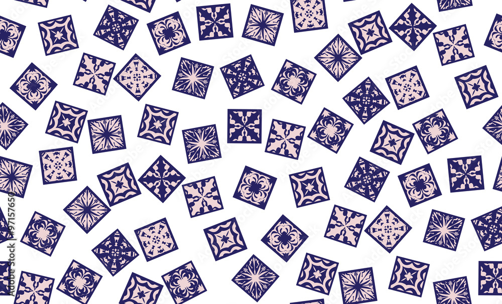 Vector seamless background of  tiles decorated with mosaics, the figures are stylized flowers and leaves. Square sockets are randomly scattered on the pattern.