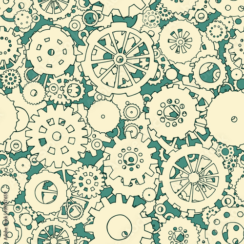 Cartoon bright seamless pattern with doodle gears. Can be used for wallpaper, pattern fills, web page background, surface textures. Hand-drawn mechanical vector with collection of hand drawn cogs.